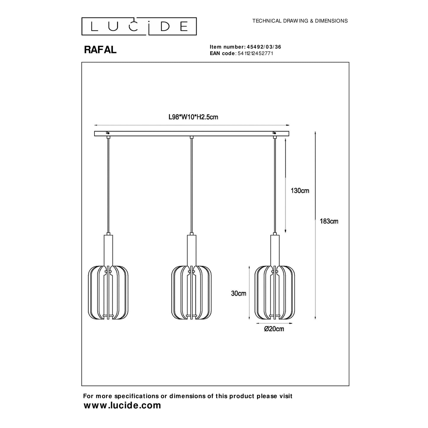 Lucide RAFAL - Pendant light - 3xE27 - Grey