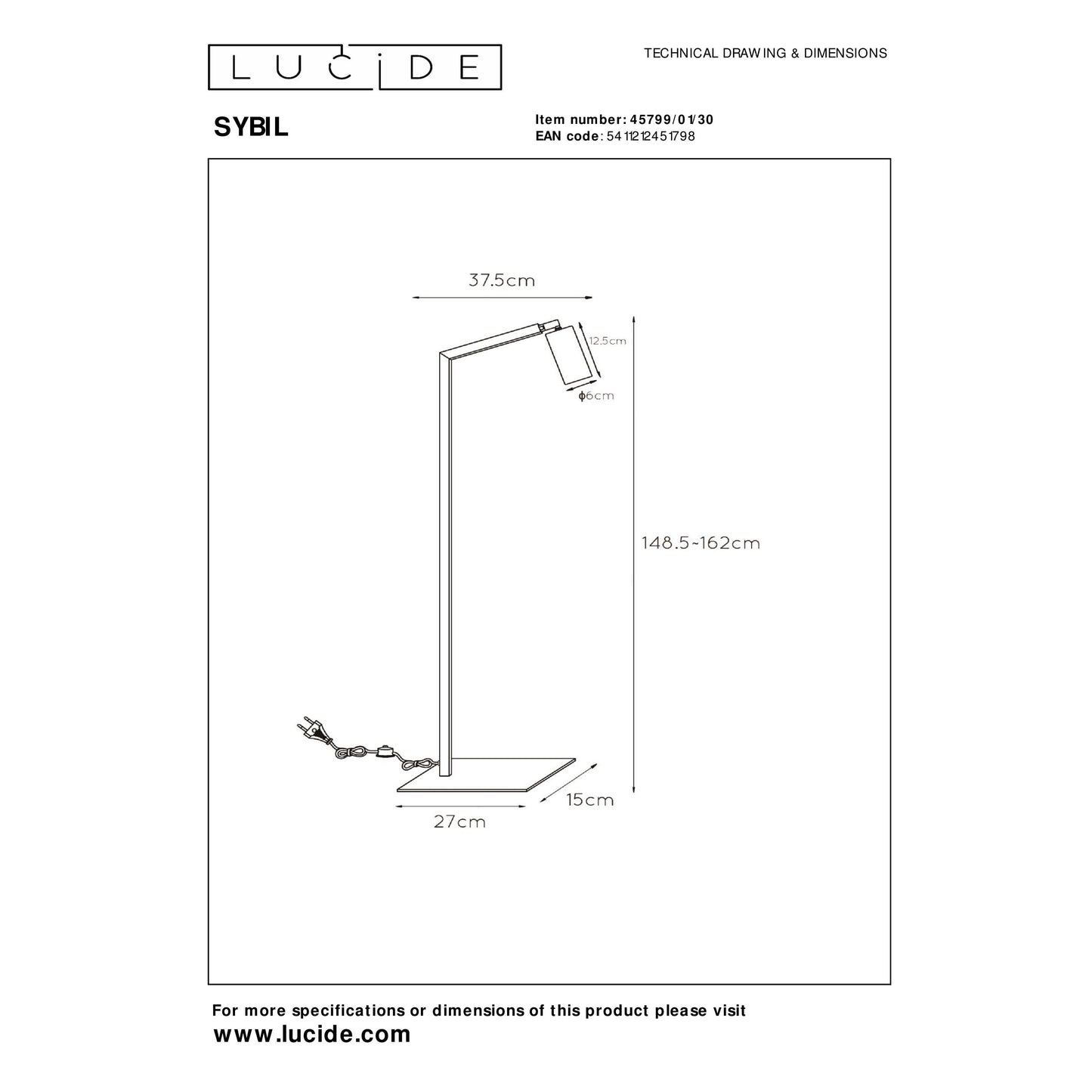 Lucide SYBIL - Floor reading lamp - 1xGU10 - Black