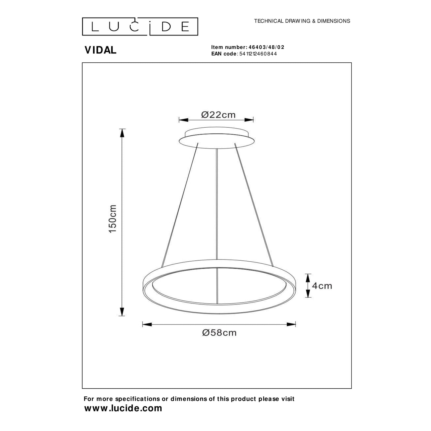 Lucide VIDAL - Pendant light - Ø 58 cm - LED Dim. - 1x48W 2700K - Matt Gold / Brass