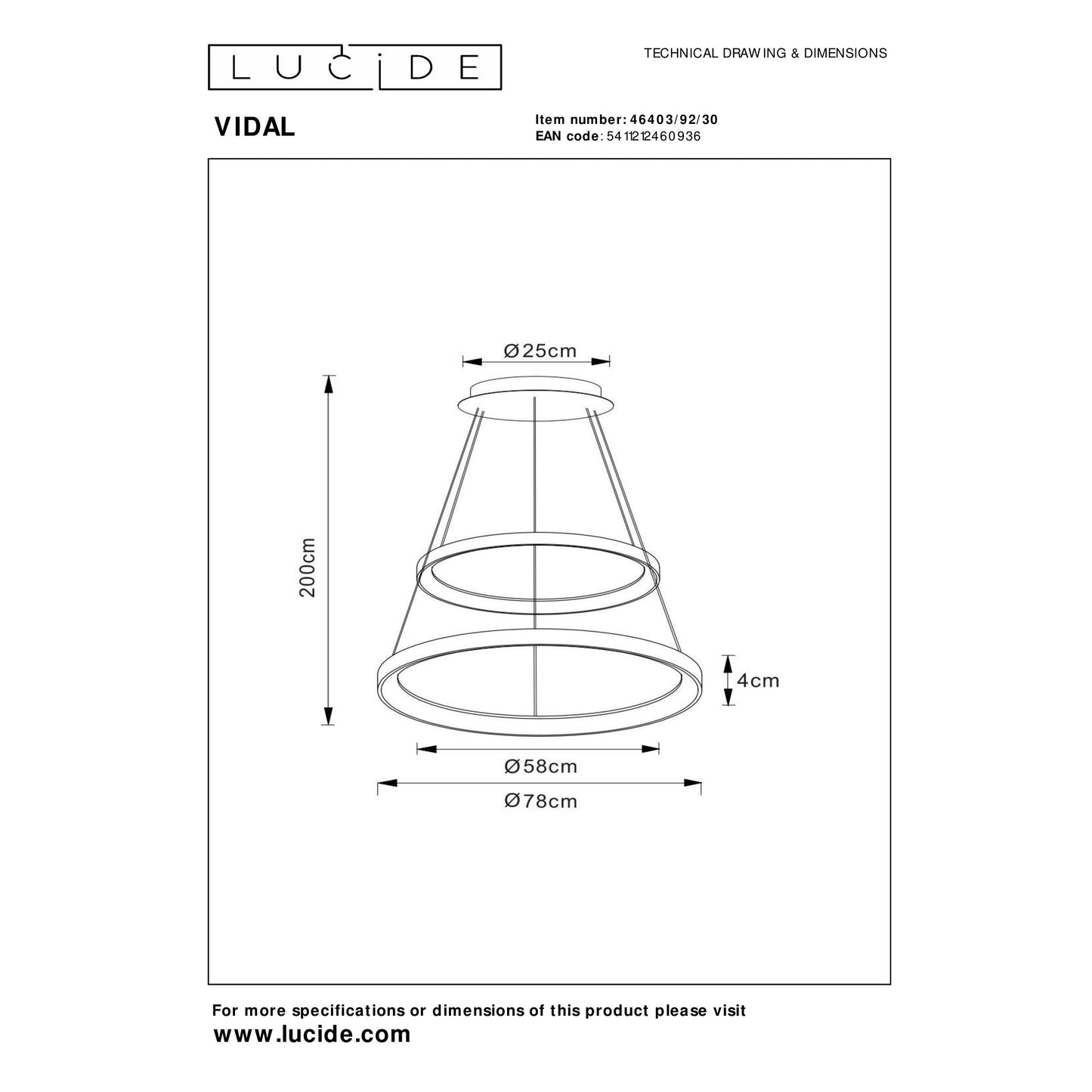 Lucide VIDAL - Pendant light - Ø 78 cm - LED Dim. - 1x92W 2700K - Black
