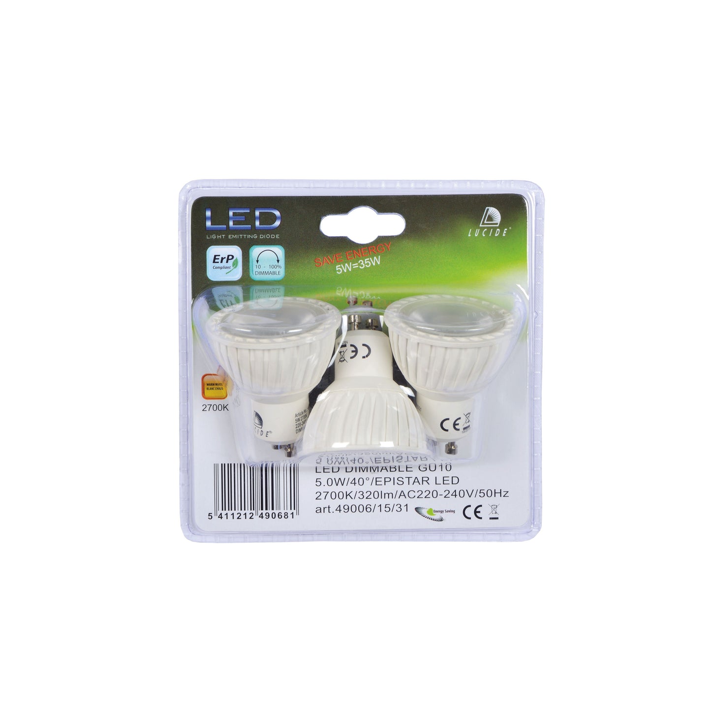 Lucide MR16 - Led bulb - Ø 5 cm - LED Dim. - GU10 - 3x5W 3000K - White - Set of 3