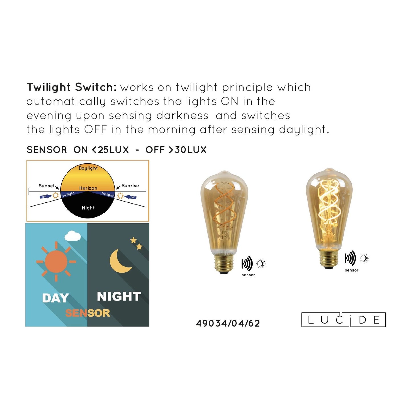 Lucide ST64 TWILIGHT SENSOR - Filament bulb - Ø 6,4 cm - LED - E27 - 1x4W 2200K - Day/Night Sensor - Amber