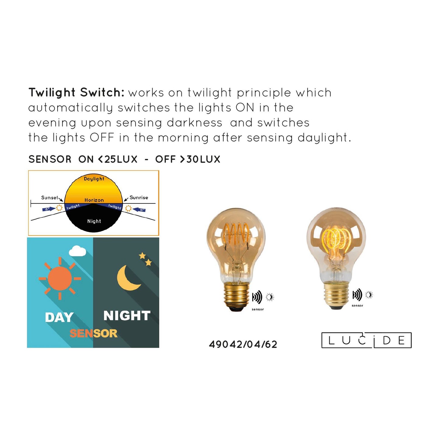 Lucide A60 TWILIGHT SENSOR - Filament bulb - Ø 6 cm - LED - E27 - 1x4W 2200K - Day/Night Sensor - Amber