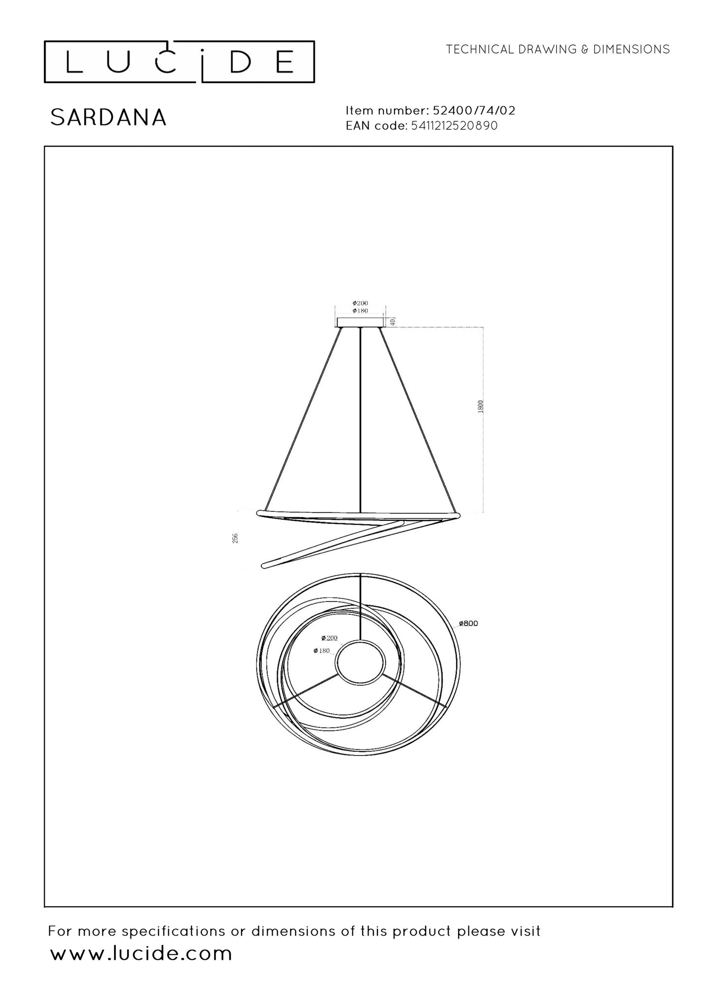 Lucide SARDANA - Pendant light - Ø 80 cm - LED Dim. - 1x74W 2700K - Matt Gold / Brass | Premium