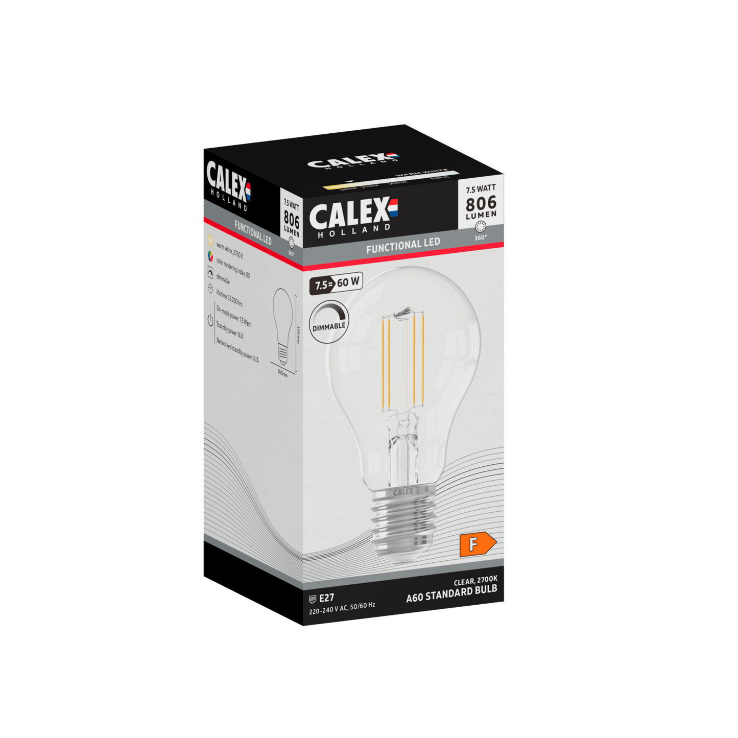 Calex Filament LED Lamp - E27 - A60 - Clear - 7.5W - Dimmable