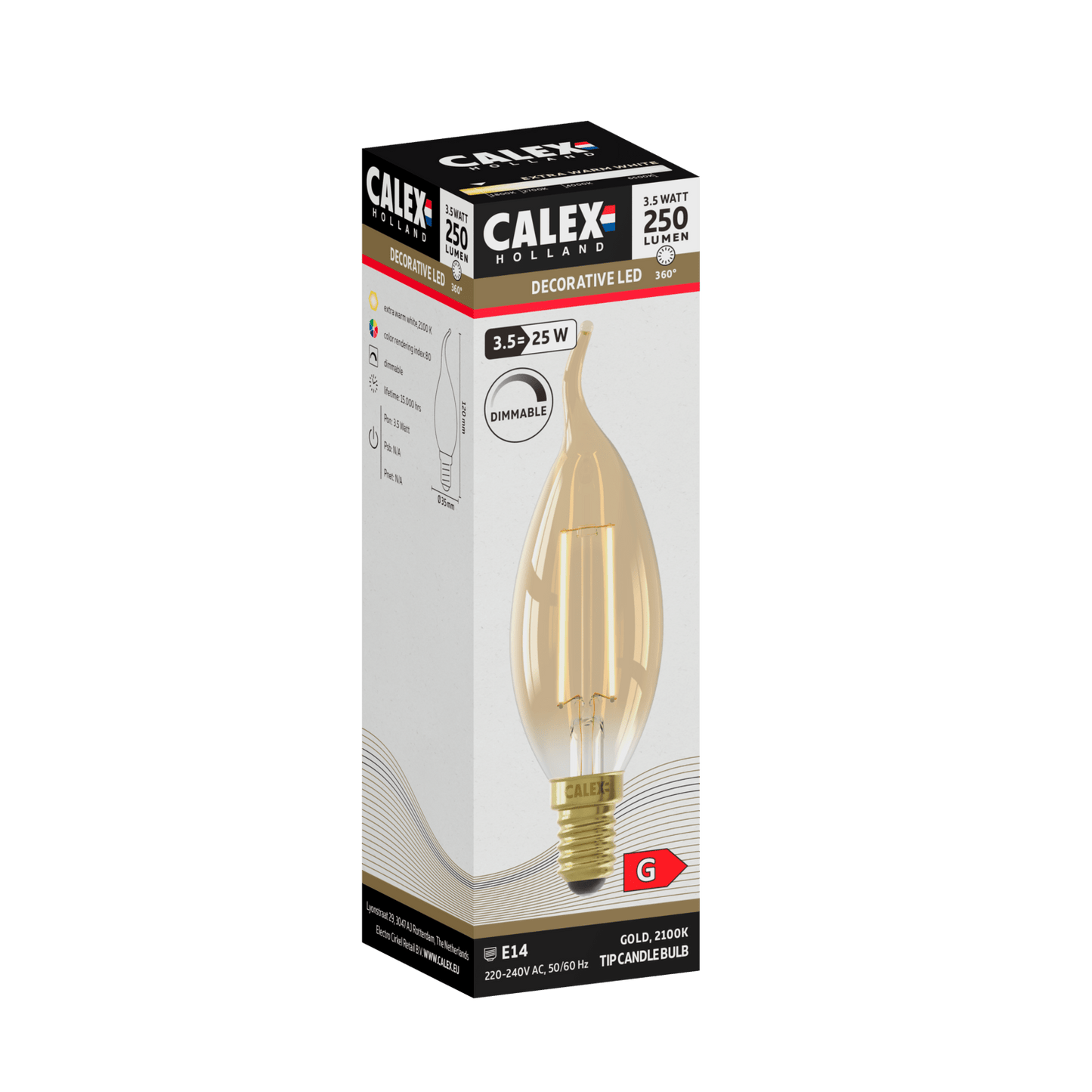Calex Warm Filament LED Lamp - E14 - BXS35 - Gold - 3.5W - Dimmable