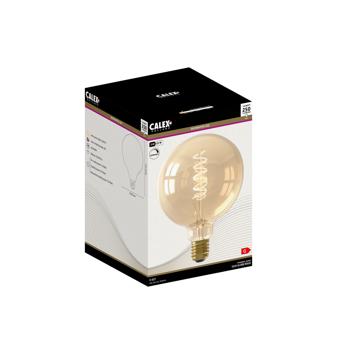 Calex Spiral Filament LED Lamp - E27 - G125 - Gold - 3.8W - Dimmable