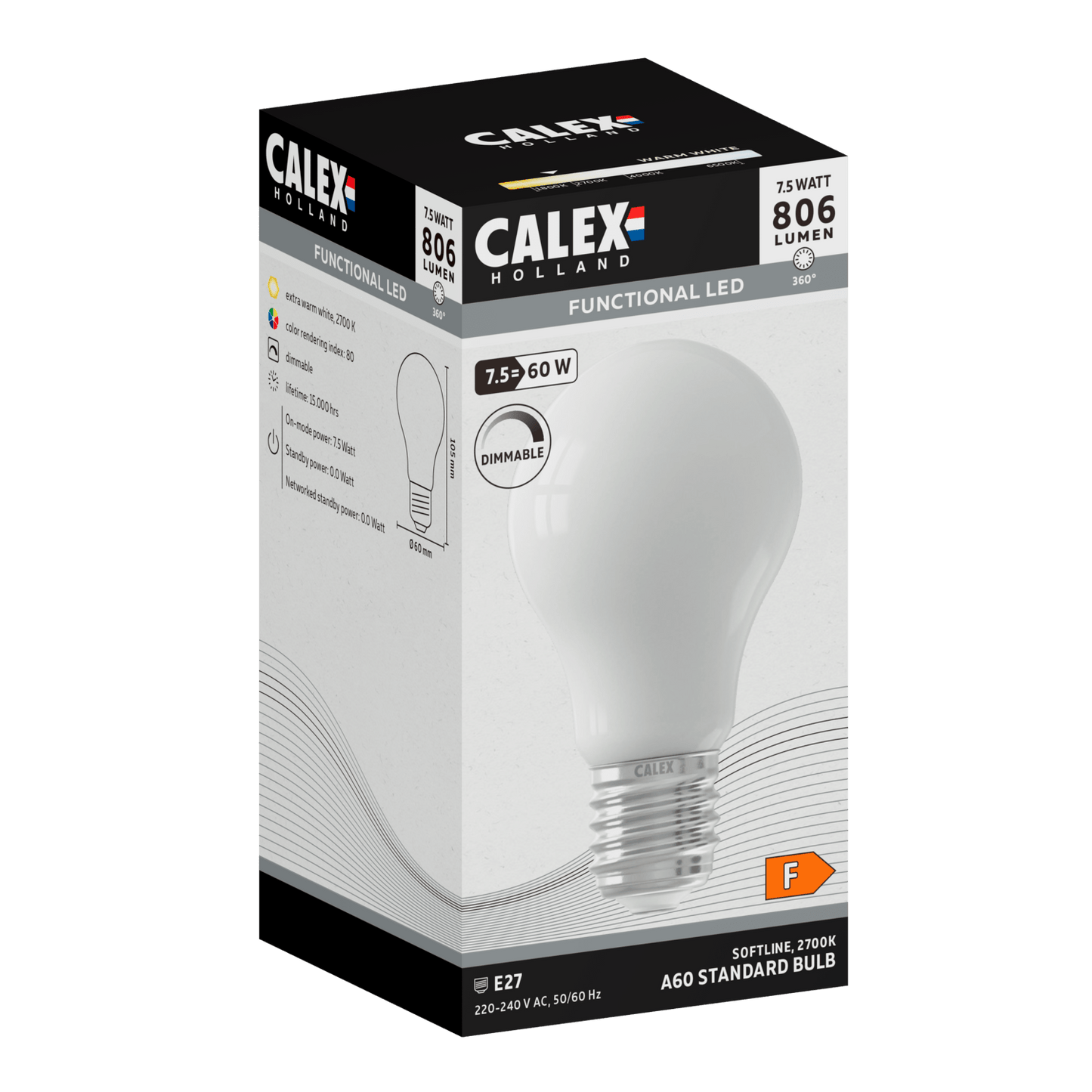 Calex Softline LED Lamp - E27 - A60 - White - 7.5W - Dimmable