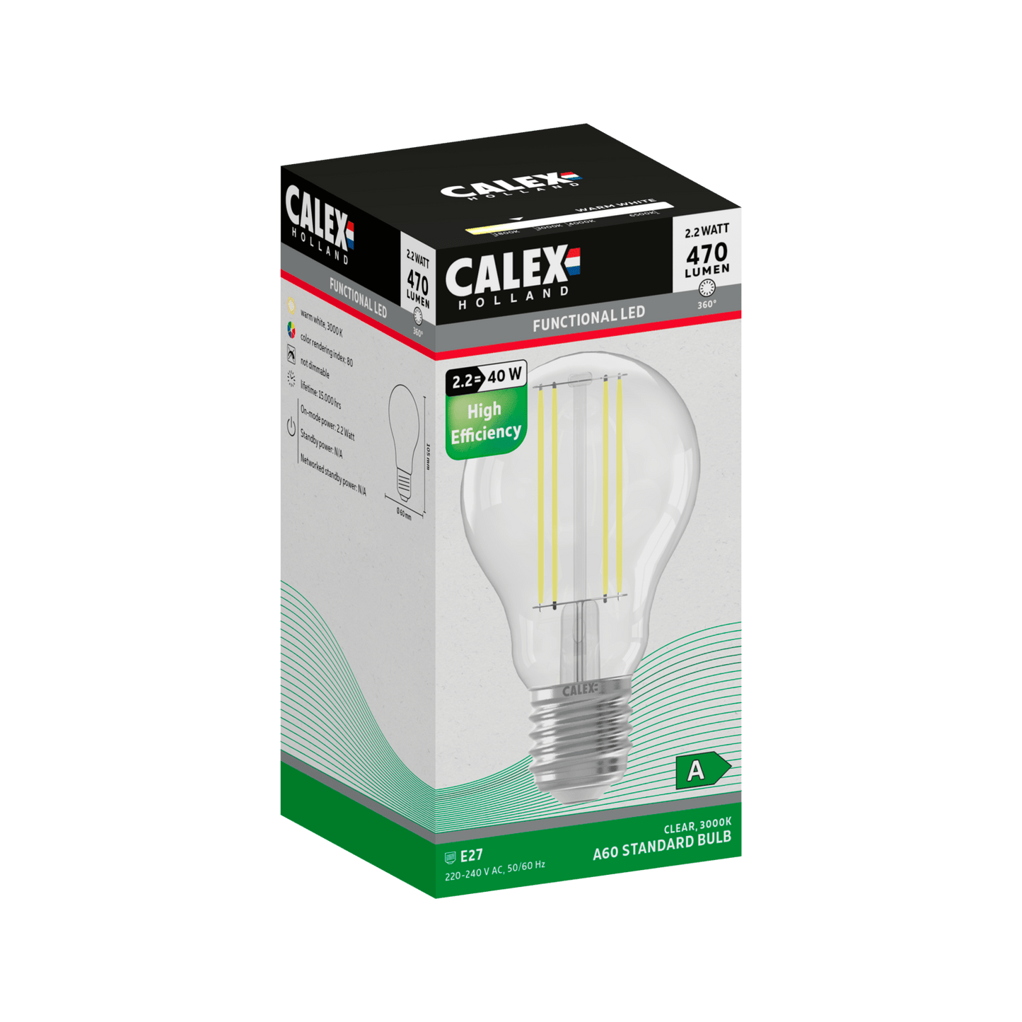 Calex Filament LED Lamp - E27 - A60 - Clear - 2.2W - High Efficiency