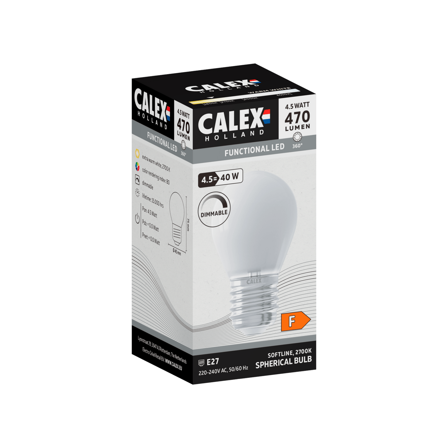 Calex Softline LED Lamp - E27 - P45 - White - 4.5W - Dimmable