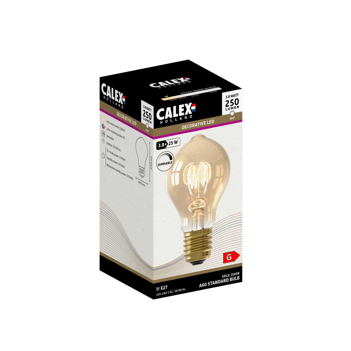 Calex Spiral Filament LED Lamp - E27 - A60 - Gold - 3.8W - Dimmable