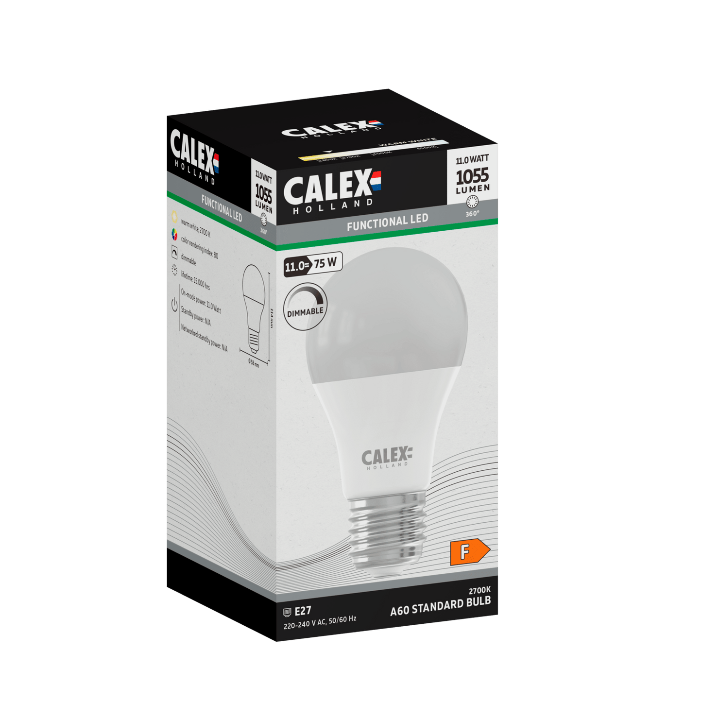 Calex SMD LED Lamp - E27 - A60 - White - 11W - Dimmable