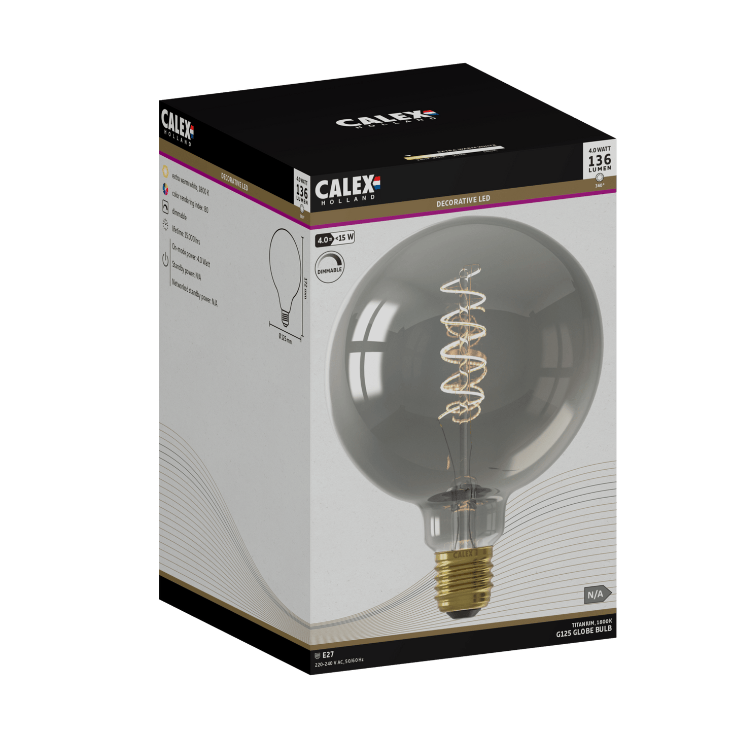 Calex Flex Filament LED Lamp - E27 - G125 - Titanium - 4W - Dimmable