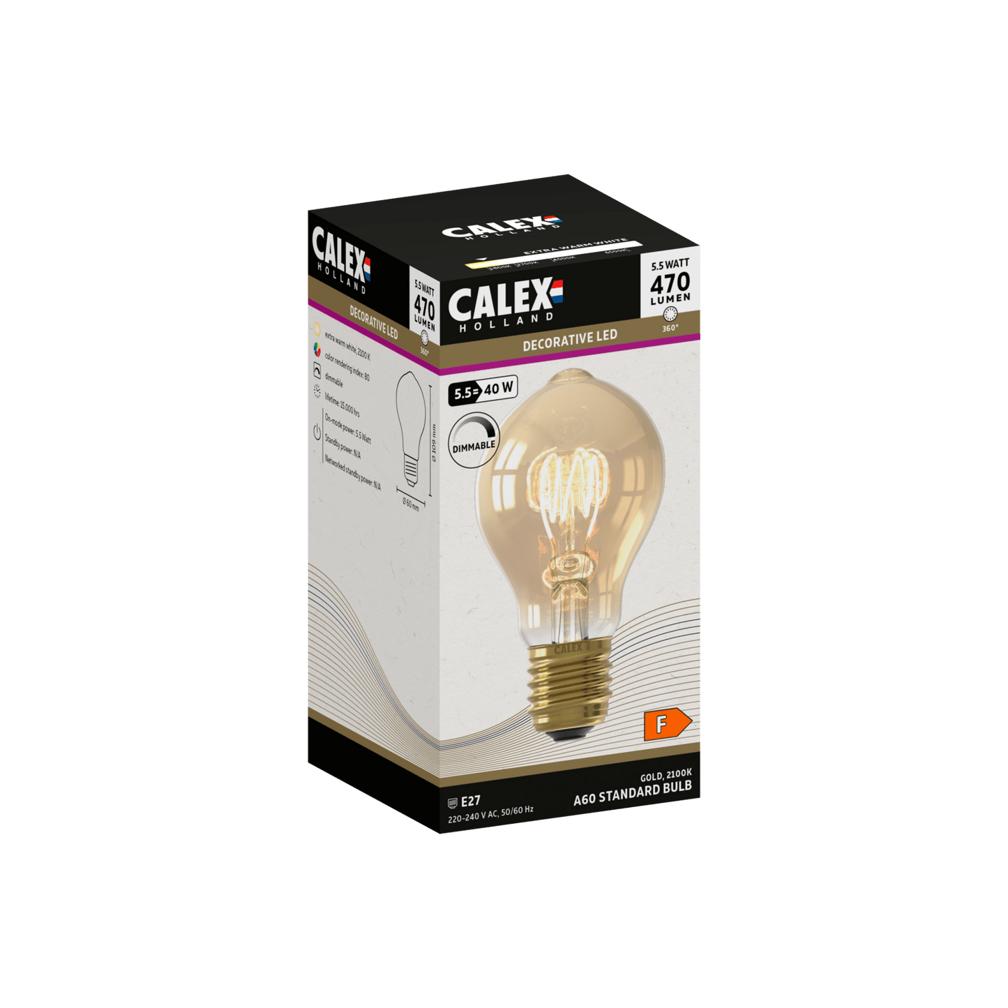 Calex Flex Filament LED Lamp - E27 - A60 - Gold - 5.5W - Dimmable
