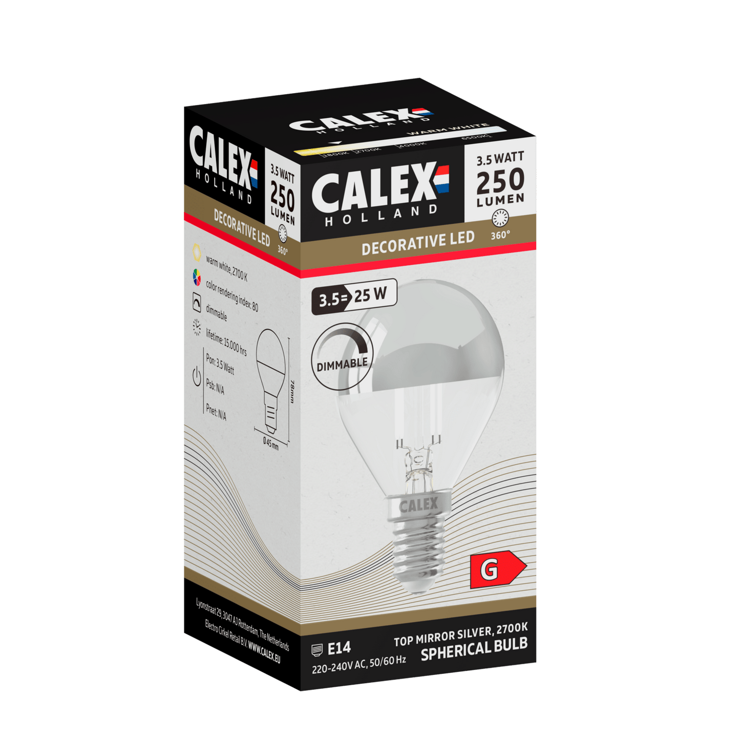 Calex Top Mirror Bulb - E14 - Filament - P45 - Chrome - 3.5W -Dimmable