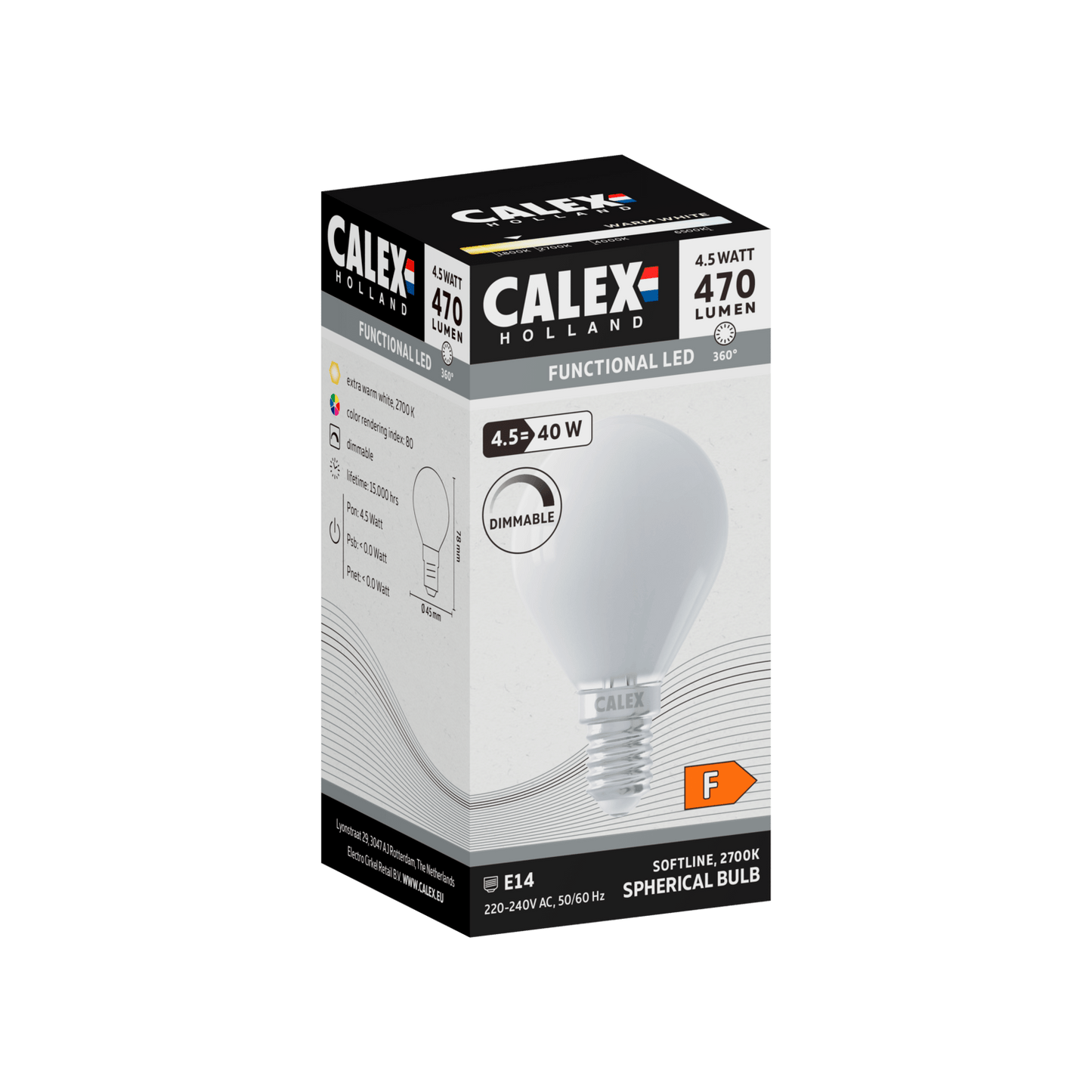 Calex Softline LED Lamp - E14 - P45 - White - 4.5W - Dimmable