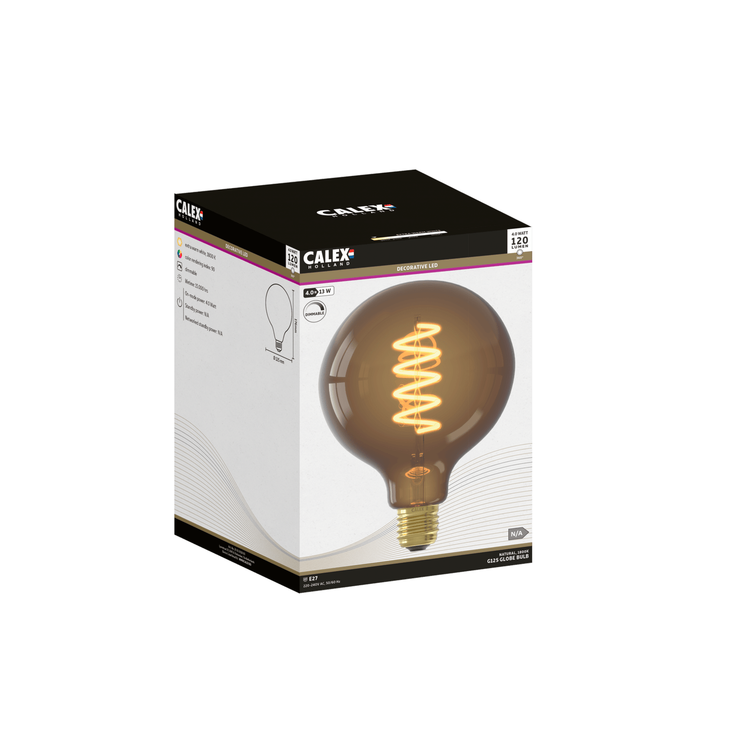 Calex Spiral Filament LED Lamp - E27 - G125 - Natural - 4W - Dimmable