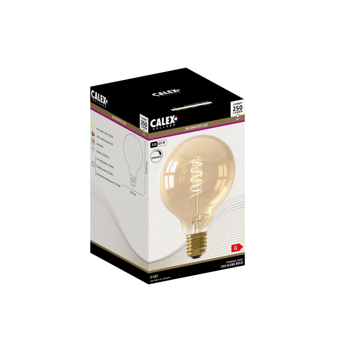 Calex Spiral Filament LED Lamp - E27 - G95 - Gold - 3.8W - Dimmable