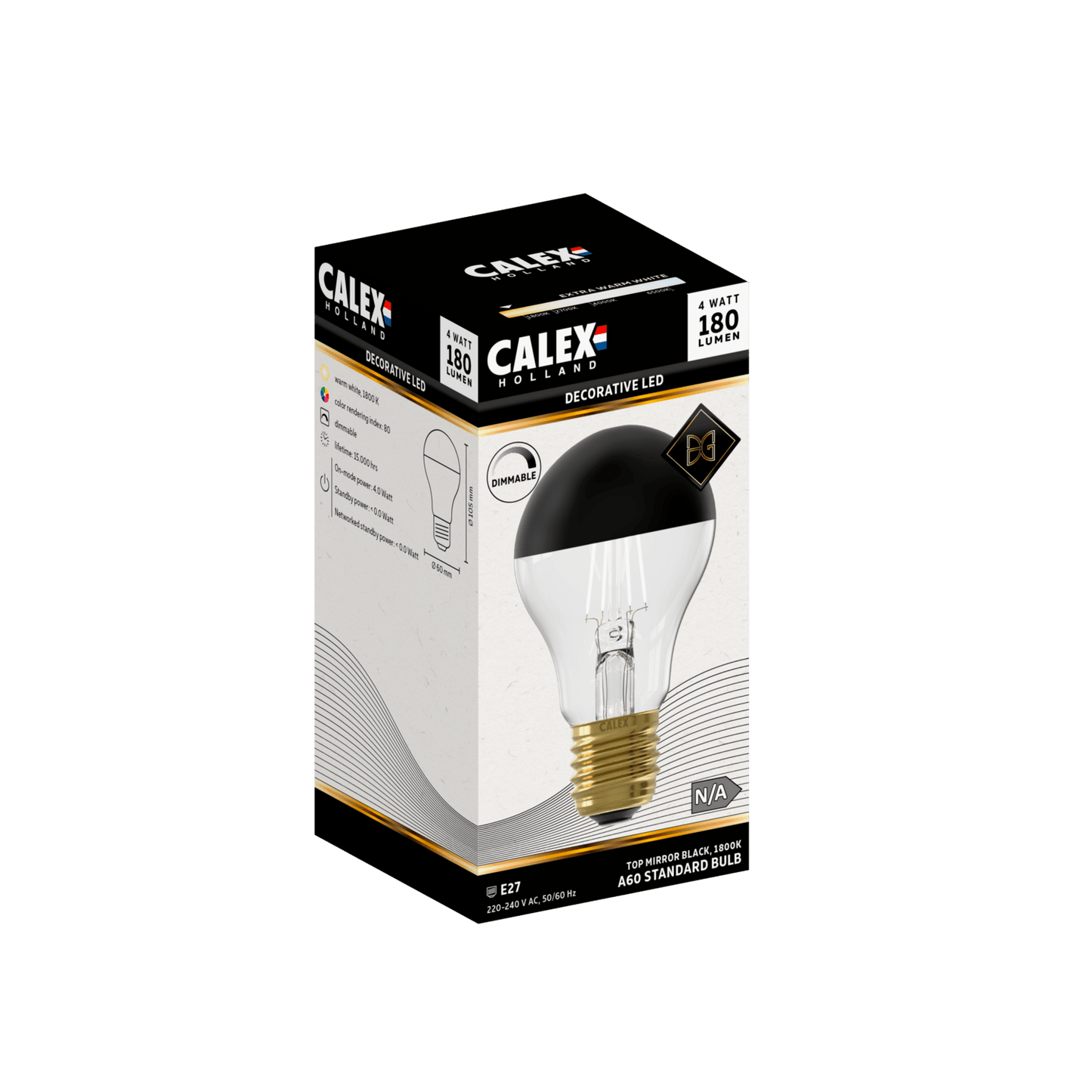 Calex Top mirror Bulb - E27 - Filament - A60 - Black - Warm White - 4W