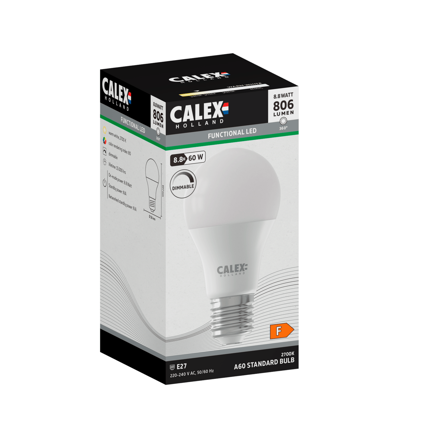 Calex SMD LED Lamp - E27 - A60 - White - 8.8W - Dimmable