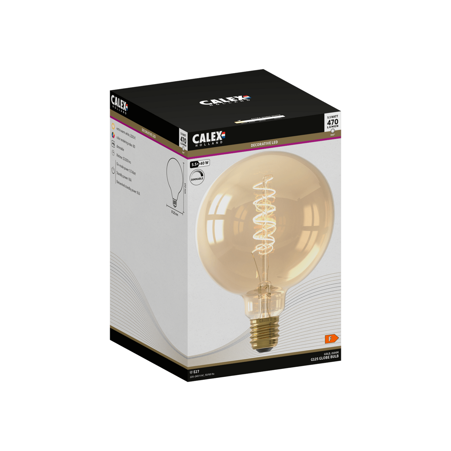 Calex Flex Filament LED Lamp - E27 - G125 - Gold - 5.5W - Dimmable