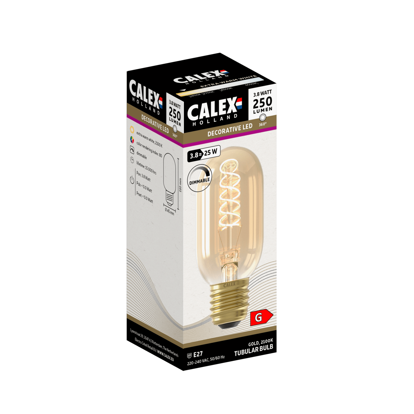 Calex Spiral Filament LED Lamp - E27 - T45 - Gold - 3.8W - Dimmable