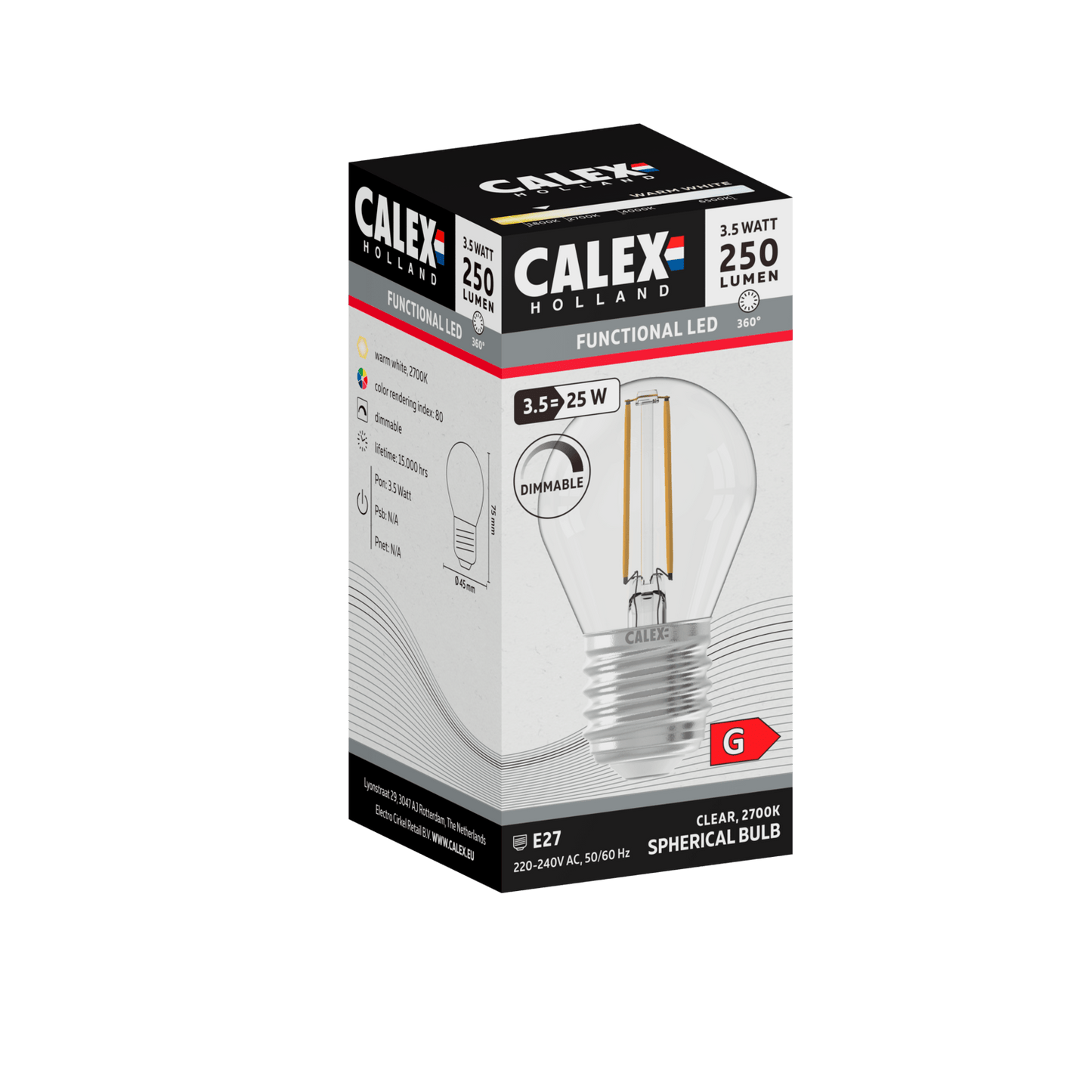 Calex Filament LED Lamp - E27 - P45 - Clear - 3.5W - Dimmable