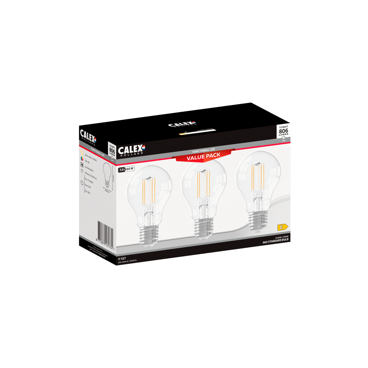 Calex SMD LED Lamp - E27 - A60 - Clear - 7W - 3-Pack