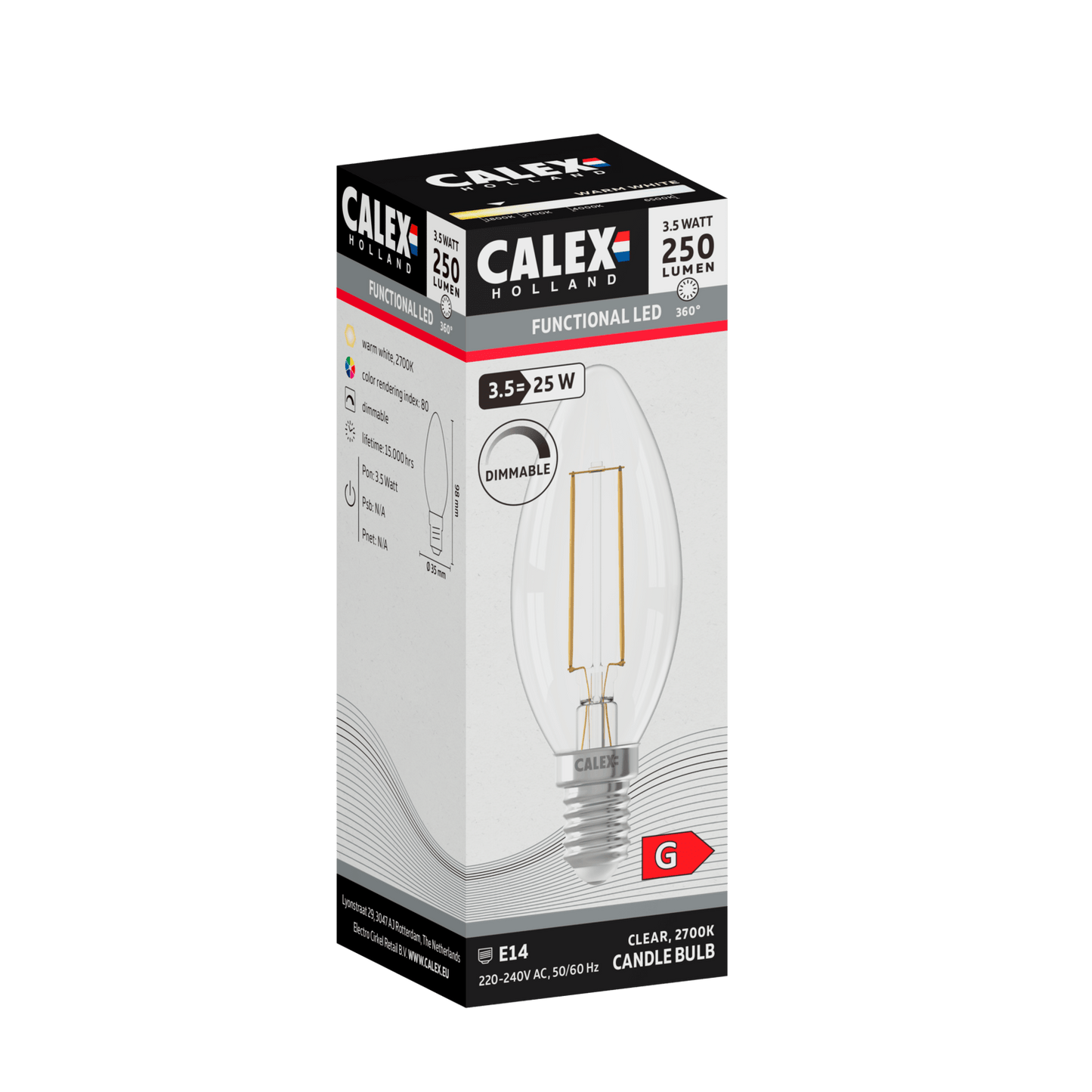 Calex Filament LED Lamp - E14 - B35 - Clear - 3.5W - Dimmable