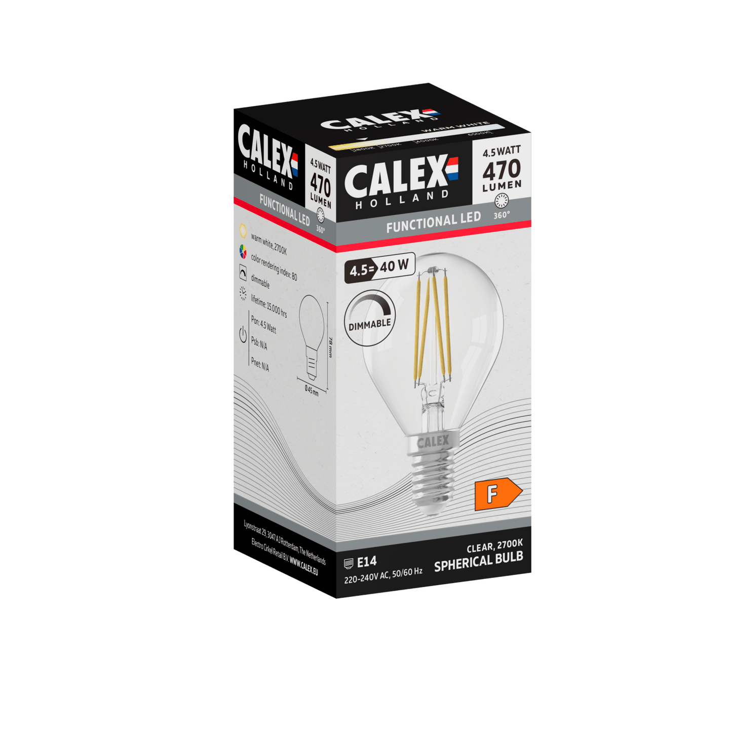 Calex Filament LED Lamp - E14 - P45 - Clear - 4.5W - Dimmable