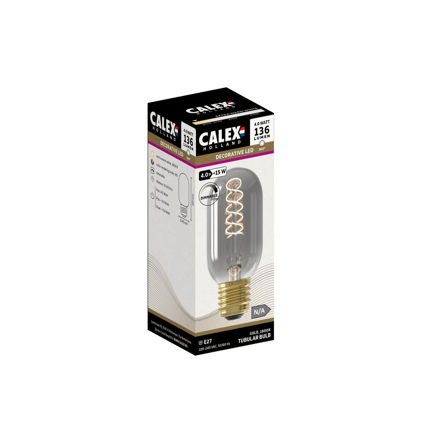 Calex Flex Filament LED Lamp - E27 - T45 - Titanium - 4W - Dimmable