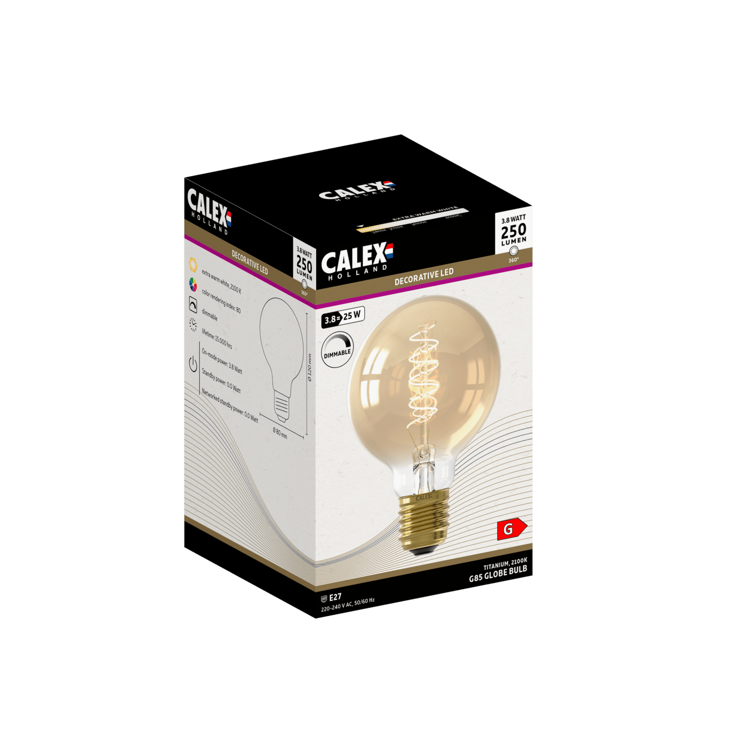 Calex Spiral Filament LED Lamp - E27 - G80 - Gold - 3.8W - Dimmable