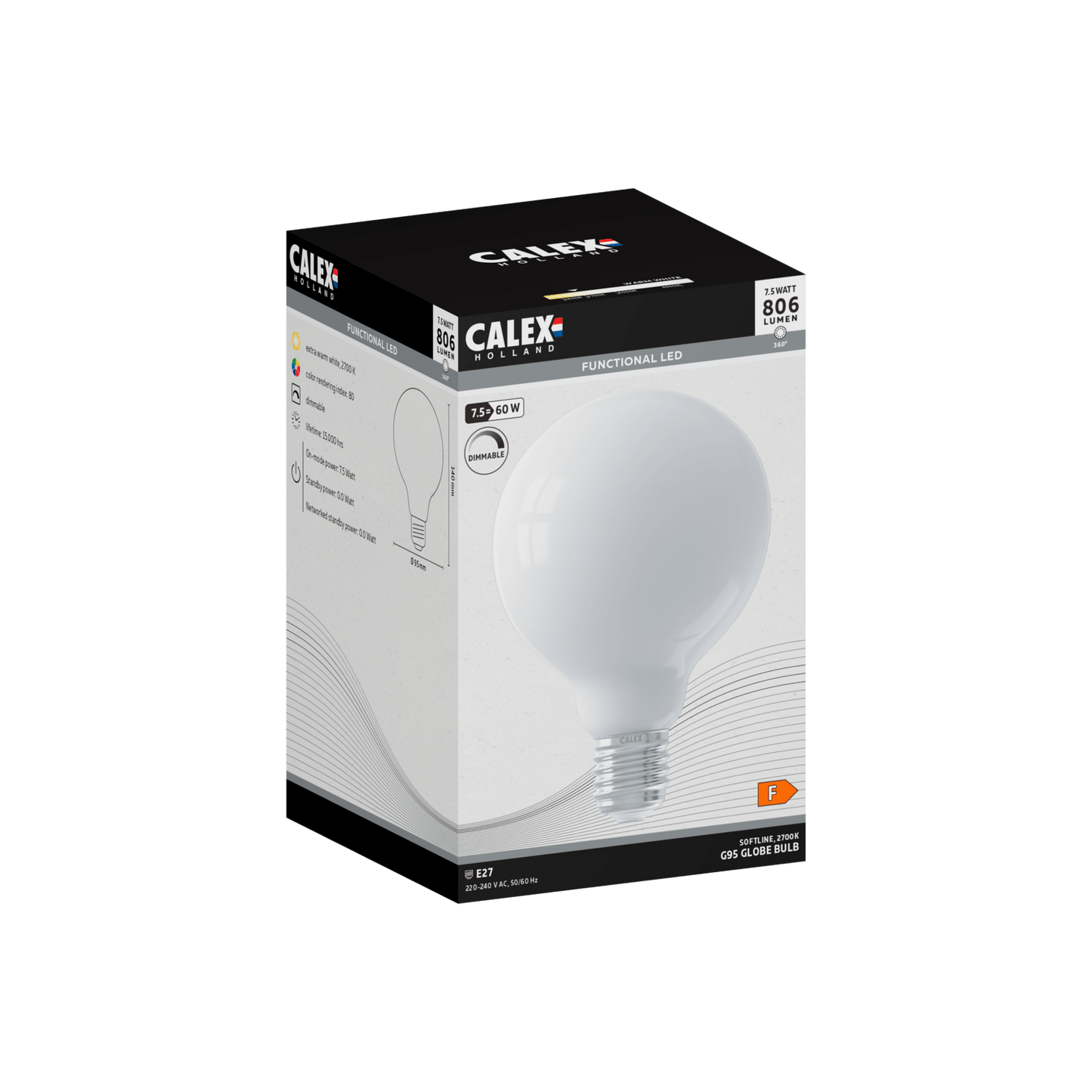 Calex Softline LED Lamp - E27 - G95 - White - 7.5W - Dimmable