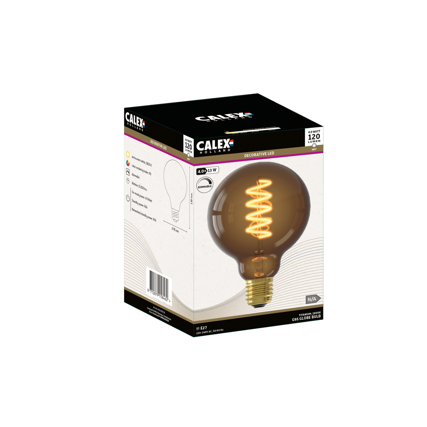 Calex Spiral Filament LED Lamp - E27 - G95 - Natural - 4W - Dimmable