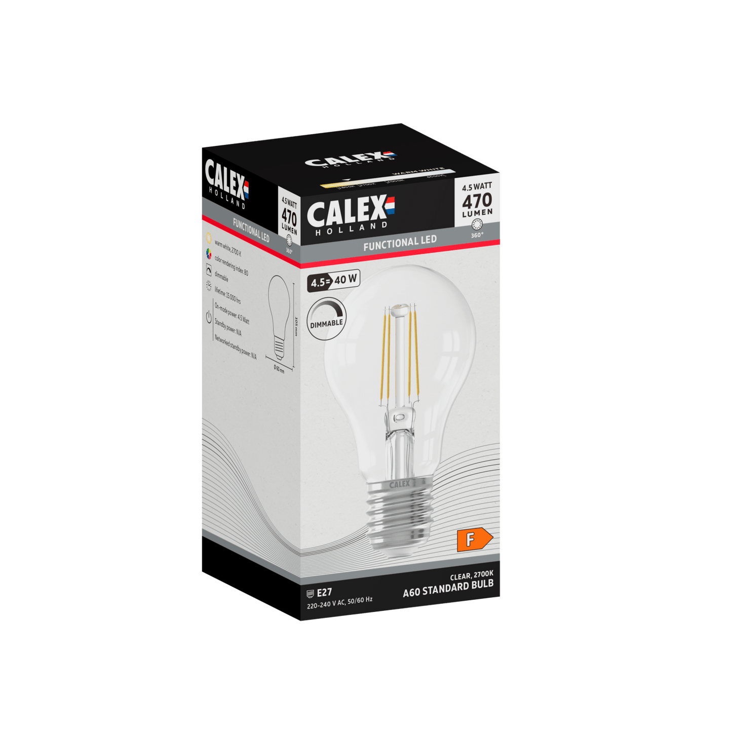Calex Filament LED Lamp - E27 - A60 - Clear - 4.5W - Dimmable