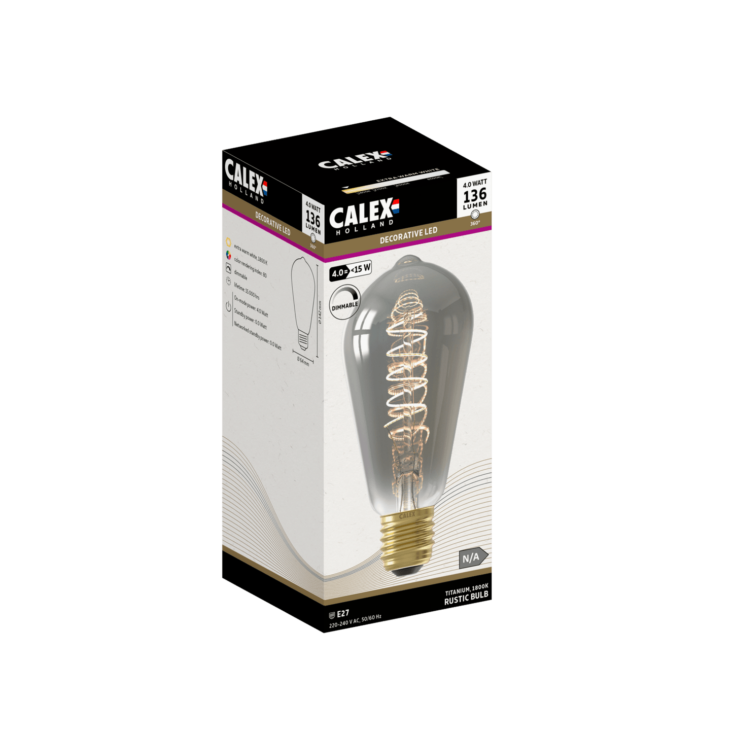 Calex Flex Filament LED Lamp - E27 - ST64 - Titanium - 4W - Dimmable