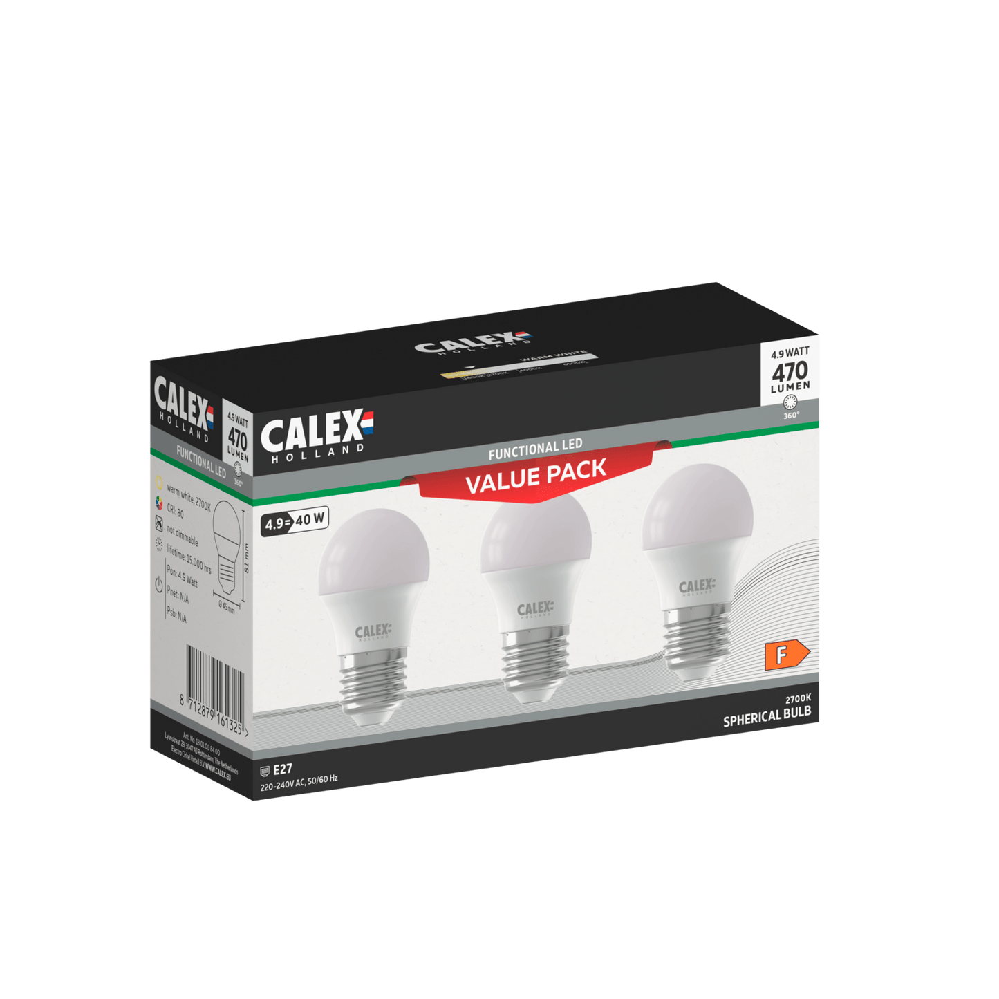 Calex SMD LED Lamp - E27 - P45 - White - 4.9W - 3-Pack