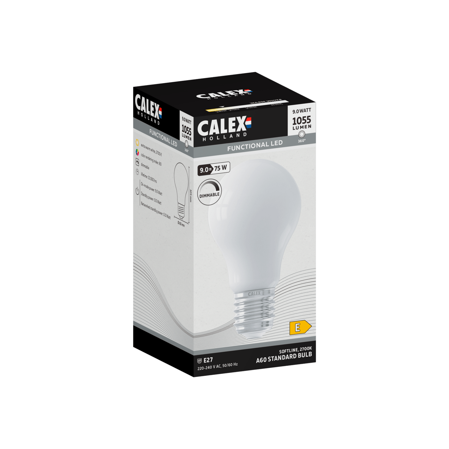 Calex Softline LED Lamp - E27 - A60 - White - 9W - Dimmable