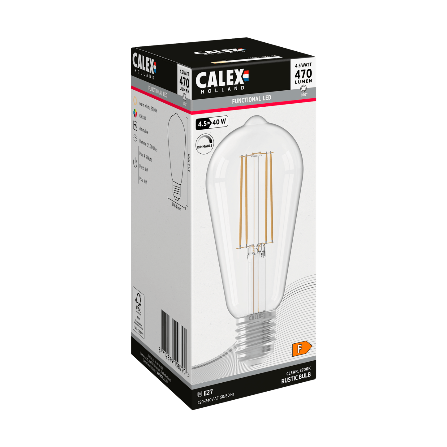 Calex Filament LED Lamp - E27 - ST64 - Clear - 4.5W - Dimmable
