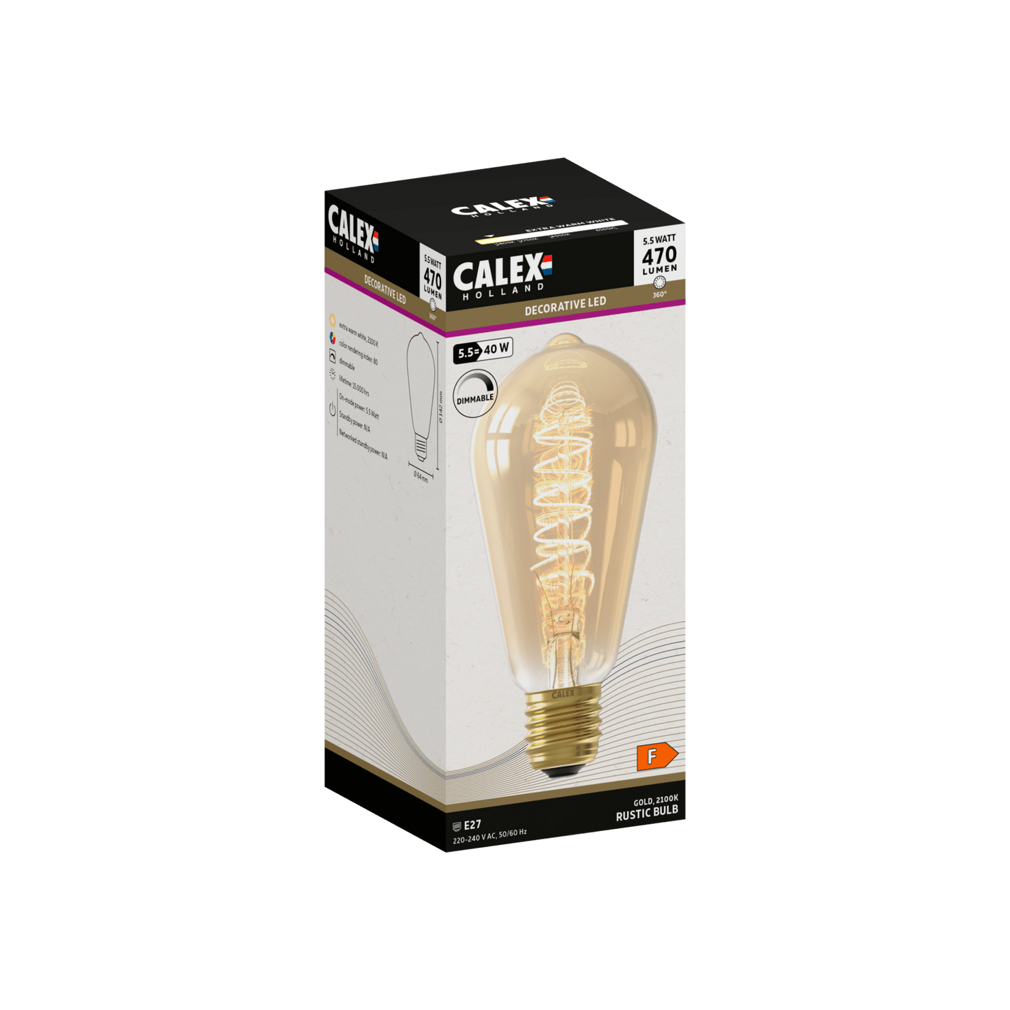 Calex Flex Filament LED Lamp - E27 - ST64 - Gold - 5.5W - Dimmable