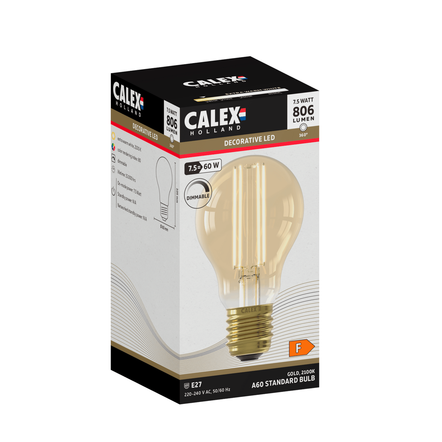 Calex Warm Filament LED Lamp - E27 - A60 - Gold - 7.5W - Dimmable