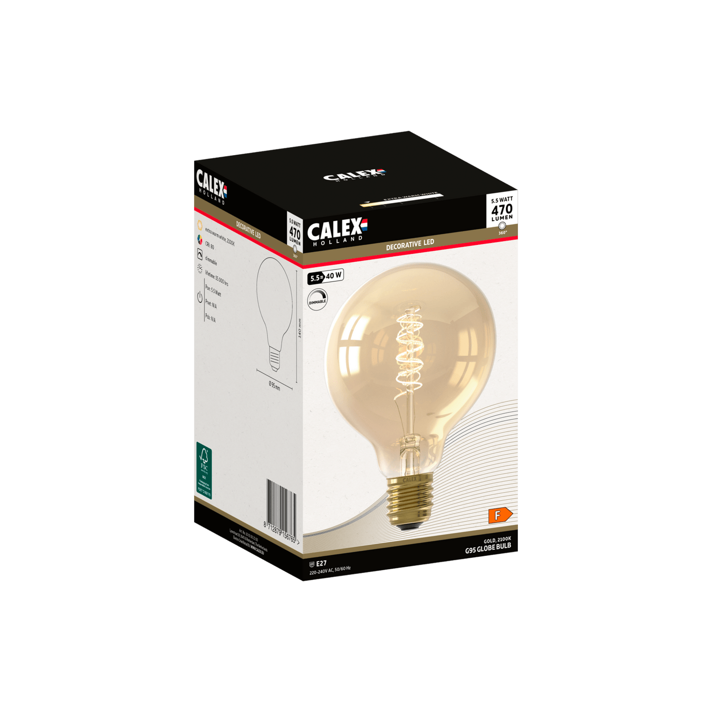 Calex Flex Filament LED Lamp - E27 - G95 - Gold - 5.5W - Dimmable