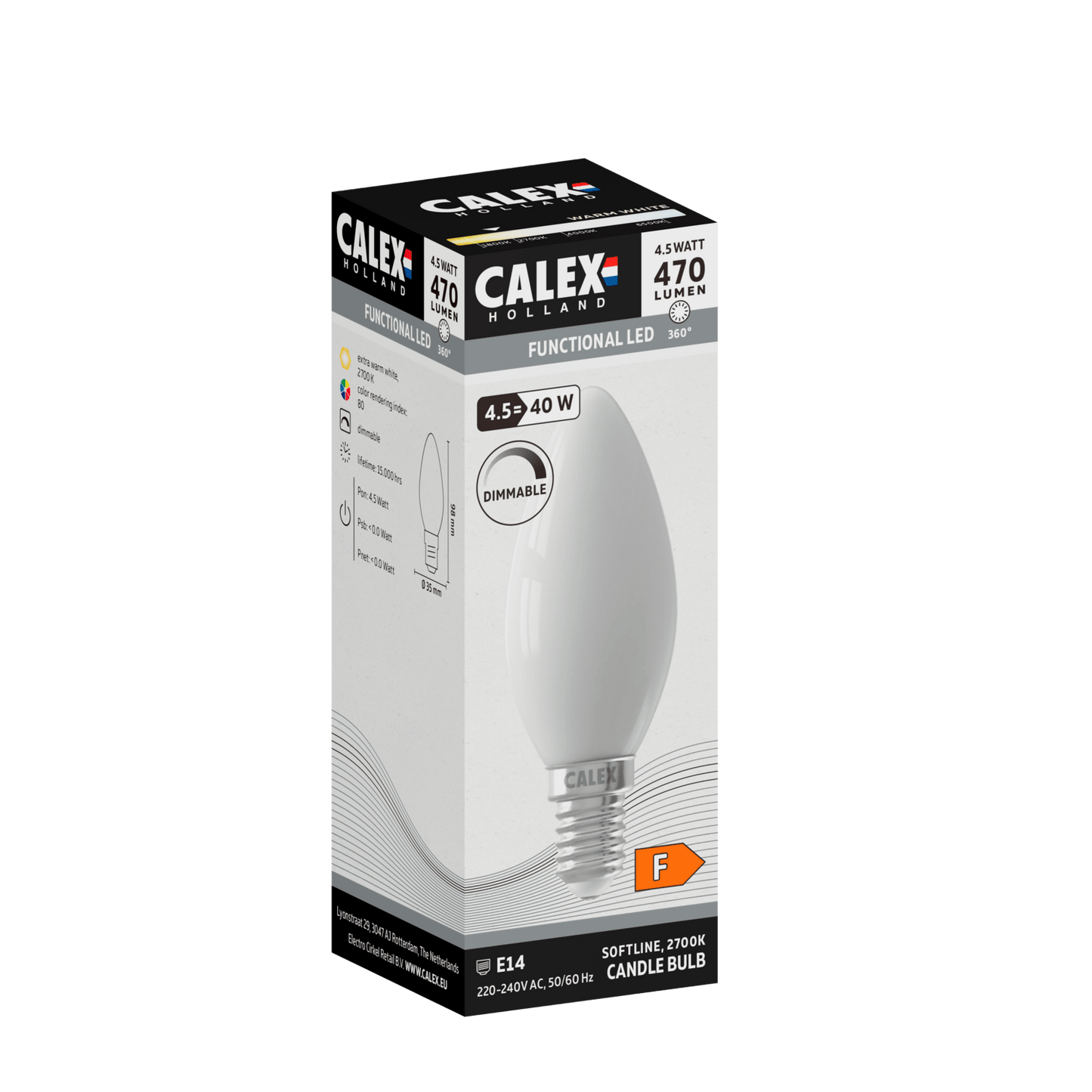 Calex Softline LED Lamp - E14 - B35 - White - 4.5W - Dimmable