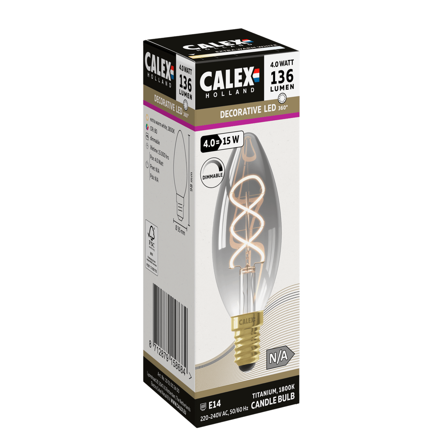 Calex Flex Filament LED Lamp - E14 - B35 - Titanium - 4W - Dimmable