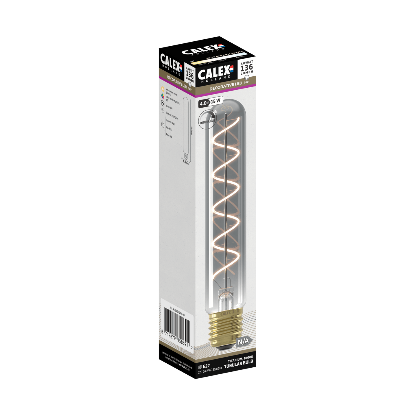 Calex Flex Filament LED Lamp - E27 - T32 - Titanium - 4W - Dimmable