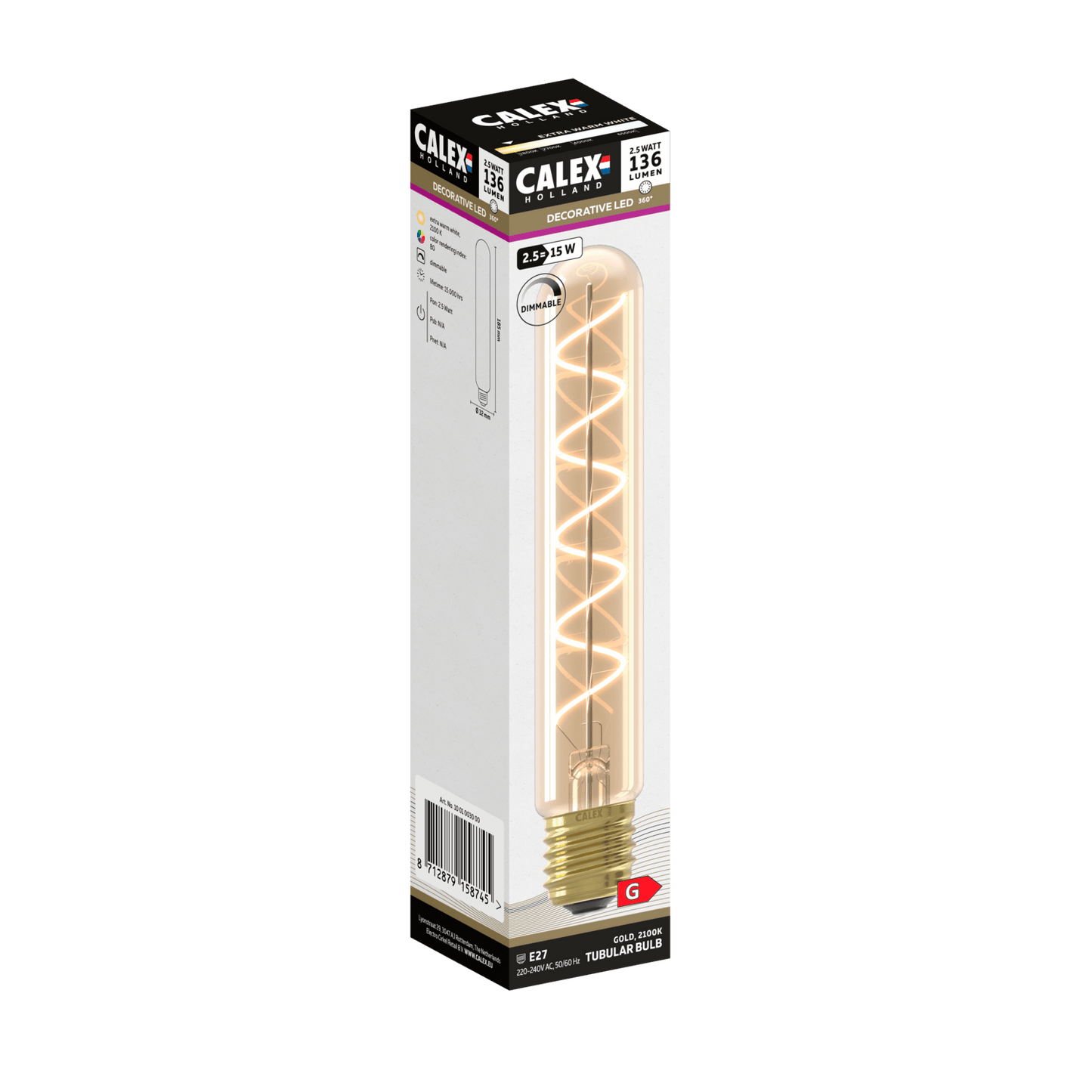 Calex Spiral Filament LED Lamp - E27 - T32 - Gold - 2.5W - Dimmable