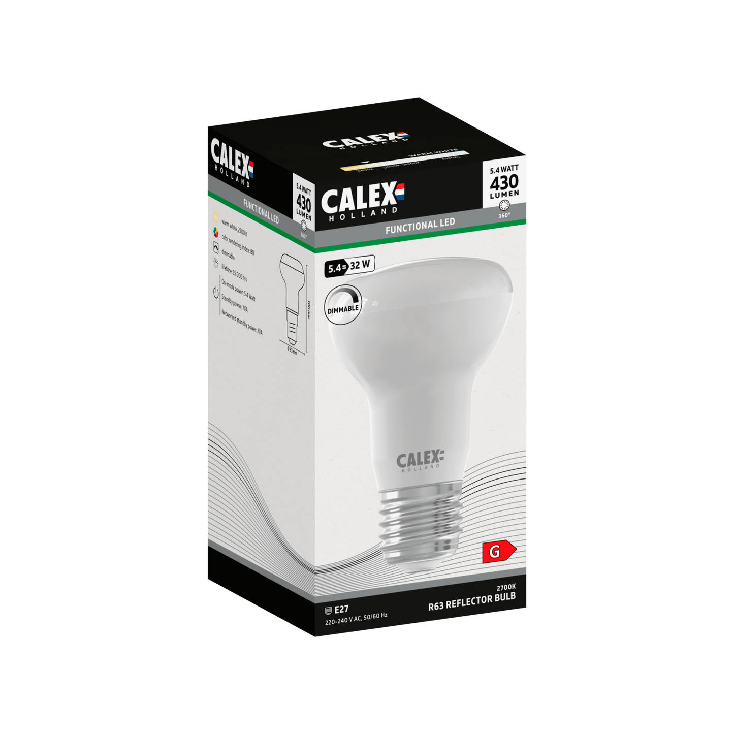 Calex SMD Reflector LED Lamp - E27 - R63 - White - 5.4W - Dimmable