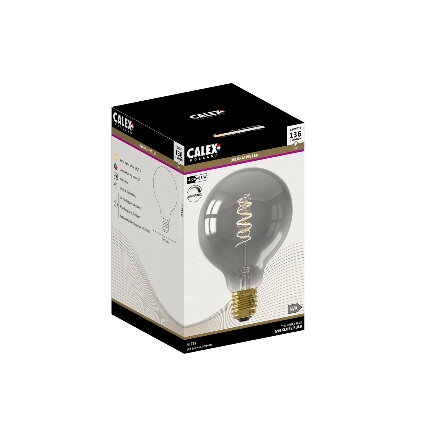 Calex Flex Filament LED Lamp - E27 - G95 - Titanium - 4W - Dimmable