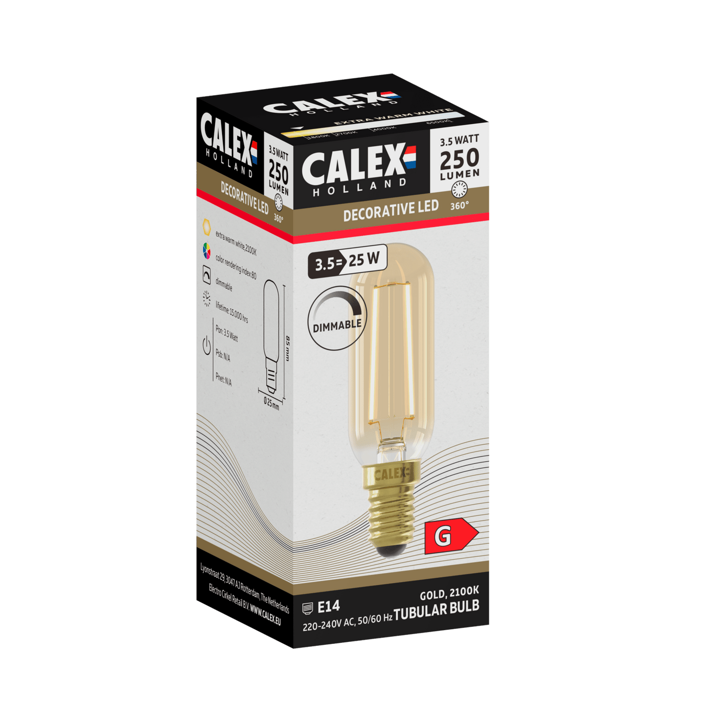 Calex Warm Filament LED Lamp - E14 - T25 - Gold - 3.5W - Dimmable