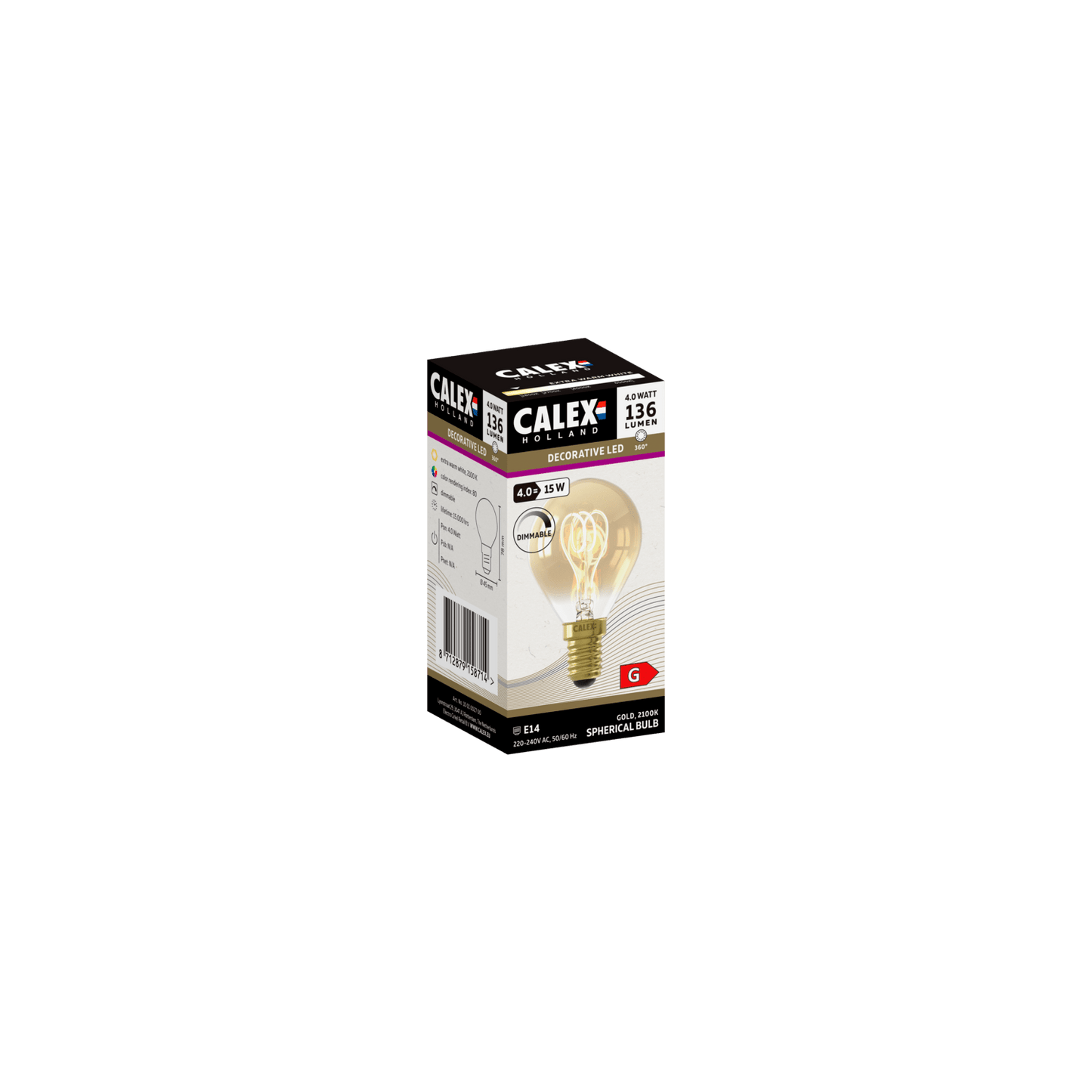 Calex Spiral Filament LED Lamp - E14 - P45 - Gold - 2.5W - Dimmable